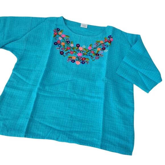 New Guatemalan Embroidered Woven Folk Art Blouse Turquoise Small Craftcore - Picture 3 of 9